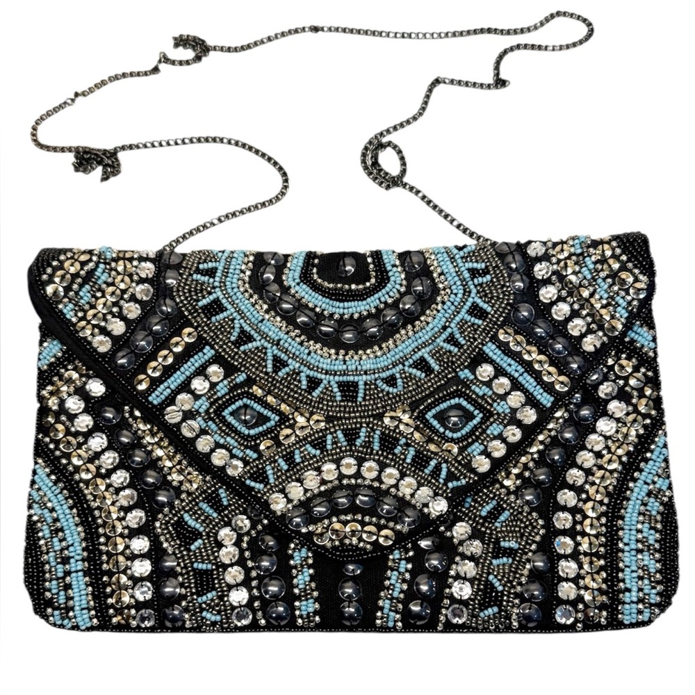 Blue Beaded Clutch Or Shoulder Bag Boho Chic